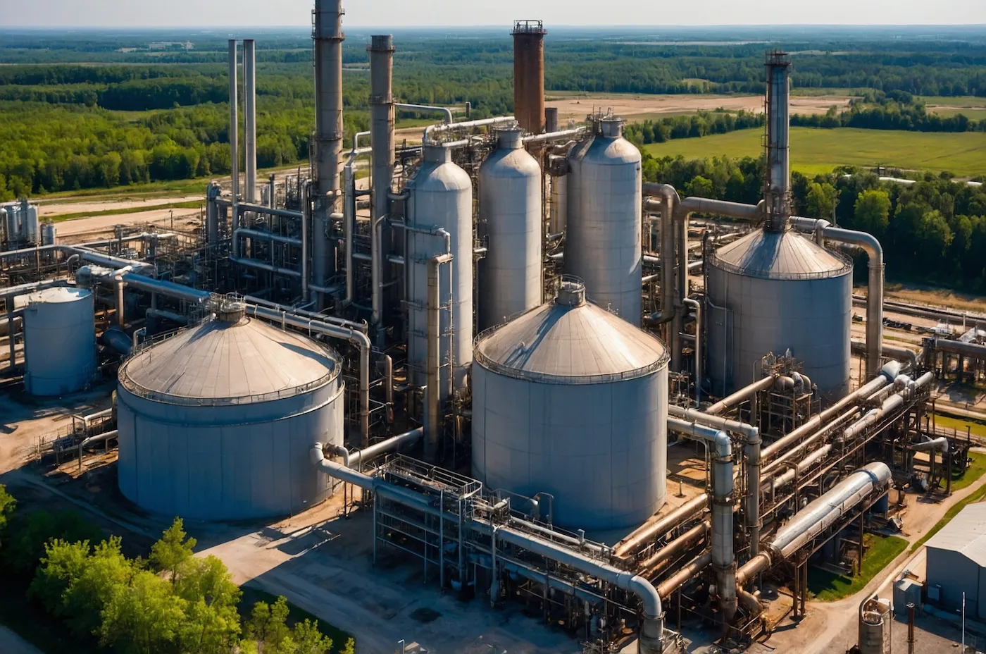 Aerial view of an ammonia processing plant with large cylindrical storage tanks, tall industrial columns, interconnected pipes, and surrounding green fields and trees.