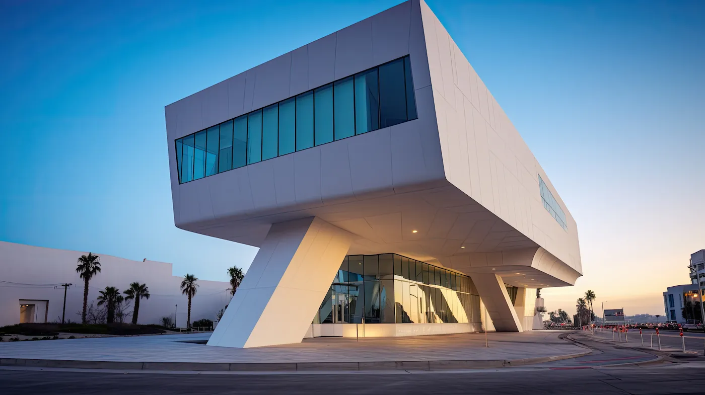 Modern museum building with a large white cantilevered structure, glass windows, angled support columns, and a paved entrance plaza with palm trees.