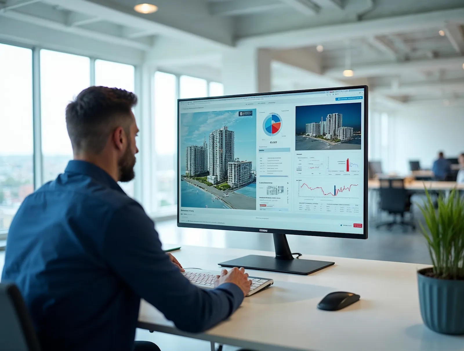 An engineer reviewing a construction progress dashboard comparing a building model against a site photograph