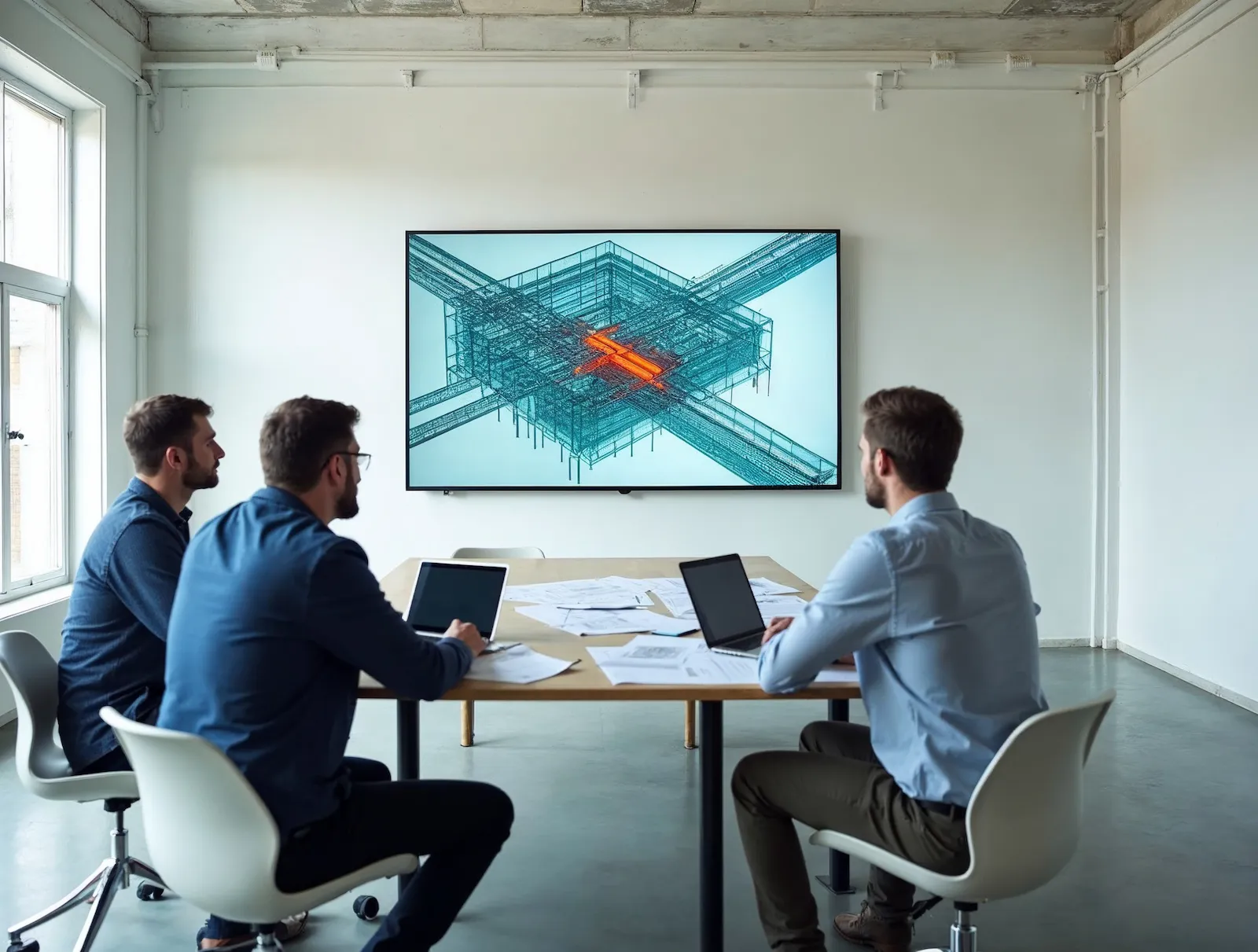 Three engineers reviewing a federated building model on a wall screen with a duct and beam clash highlighted