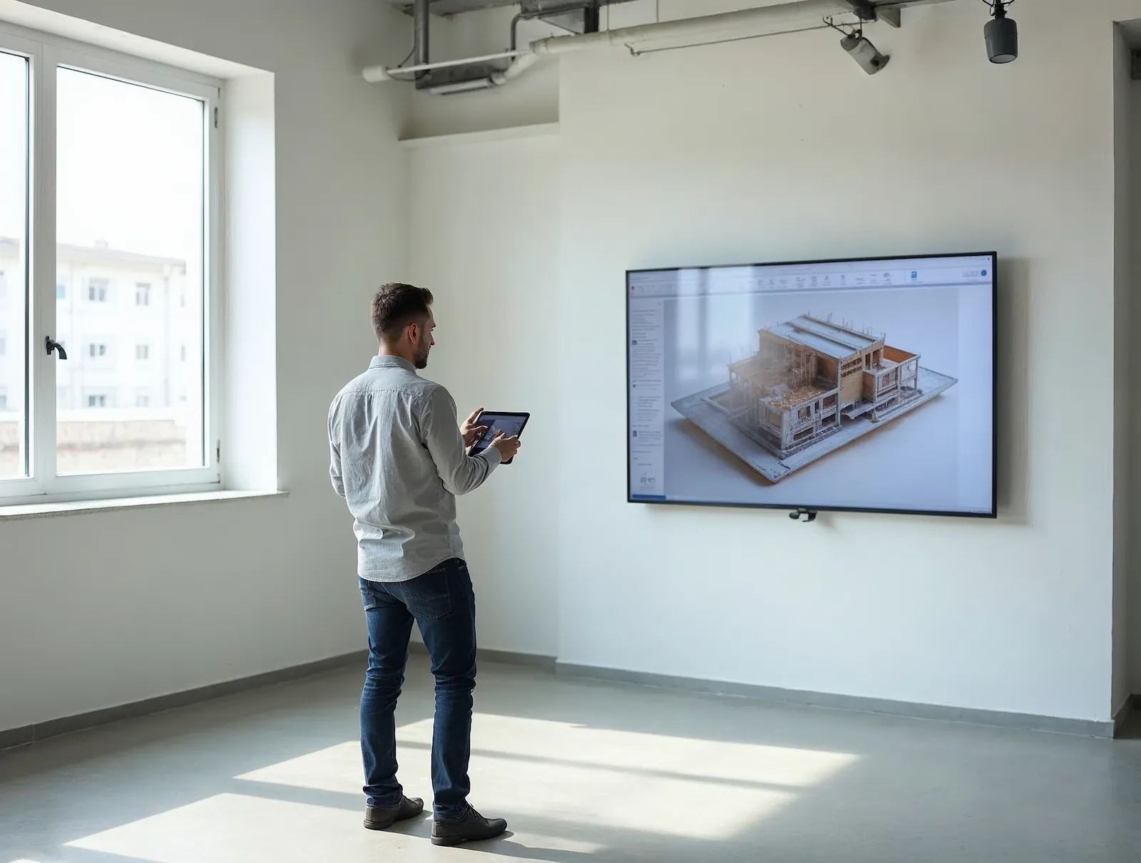 A coordination engineer marking up an issue on a tablet beside a wall screen showing a building model
