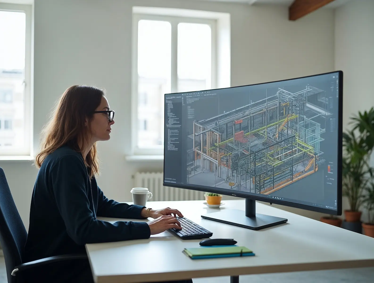 A modeller at a widescreen monitor showing a multi-discipline building model with structure and services in distinct colours