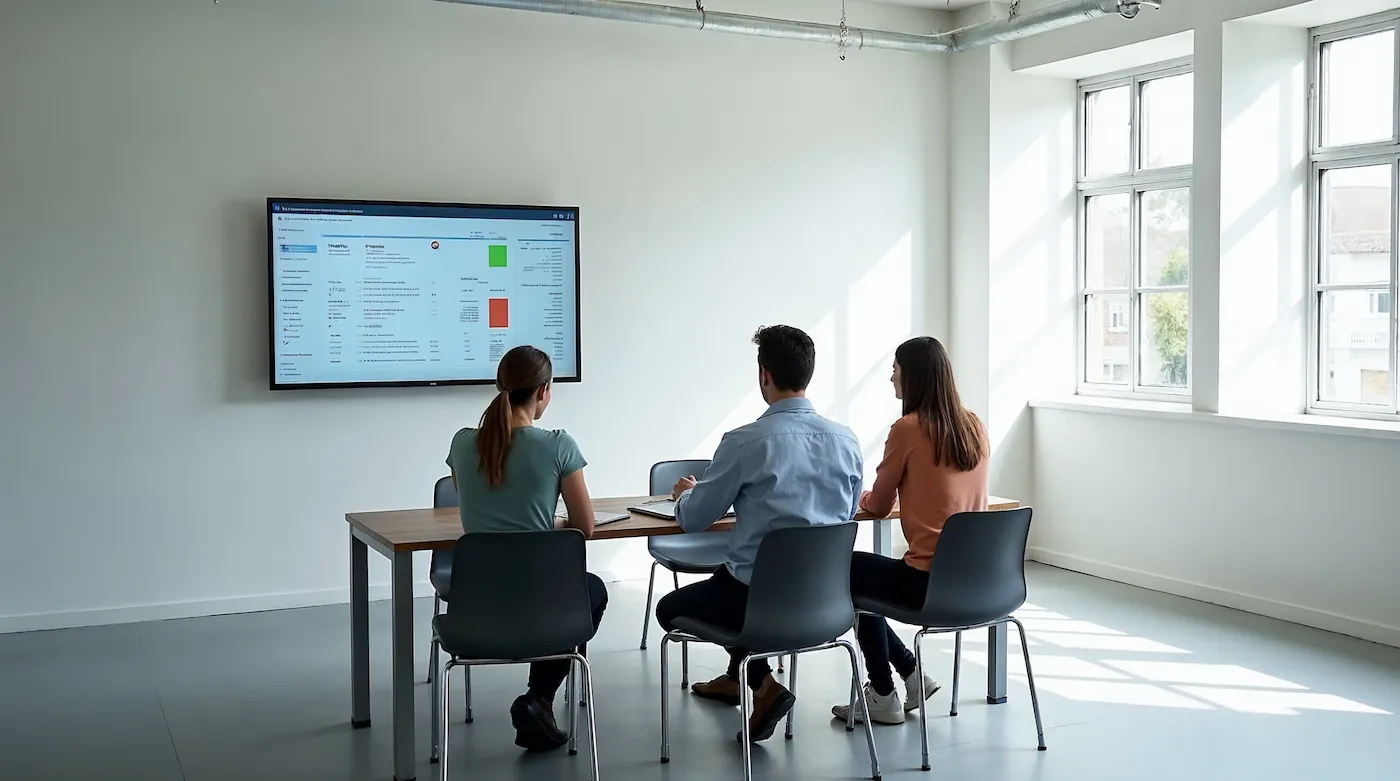 A project delivery plan and model naming standards on a wall screen, three people reviewing it at a table