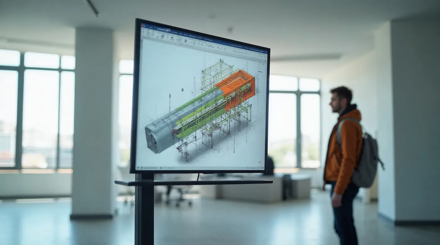 A federated building model on screen with a clash between a duct and a structural beam highlighted