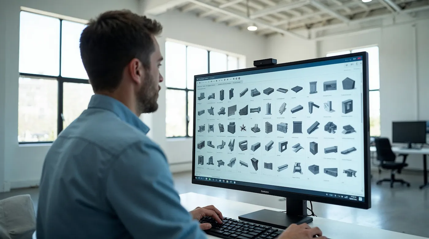 A monitor showing a library of standardised parametric building components