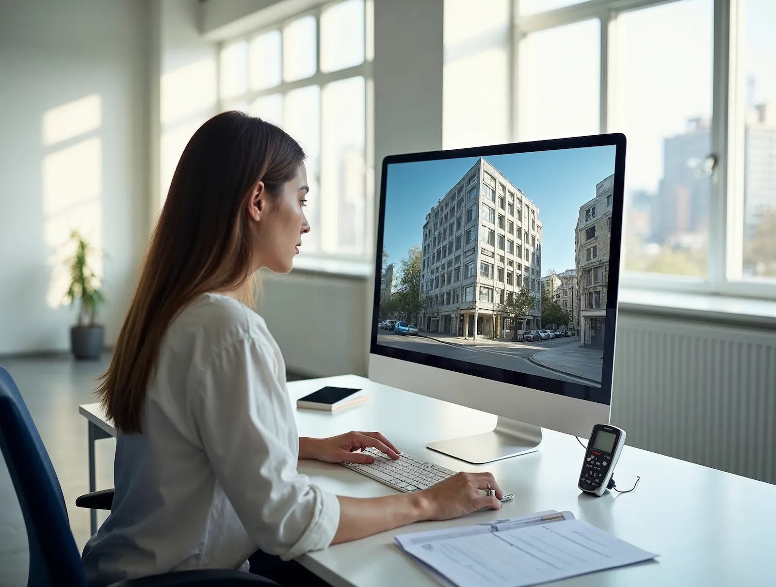 A photoreal architectural rendering of a mid-rise building on a calibrated studio monitor