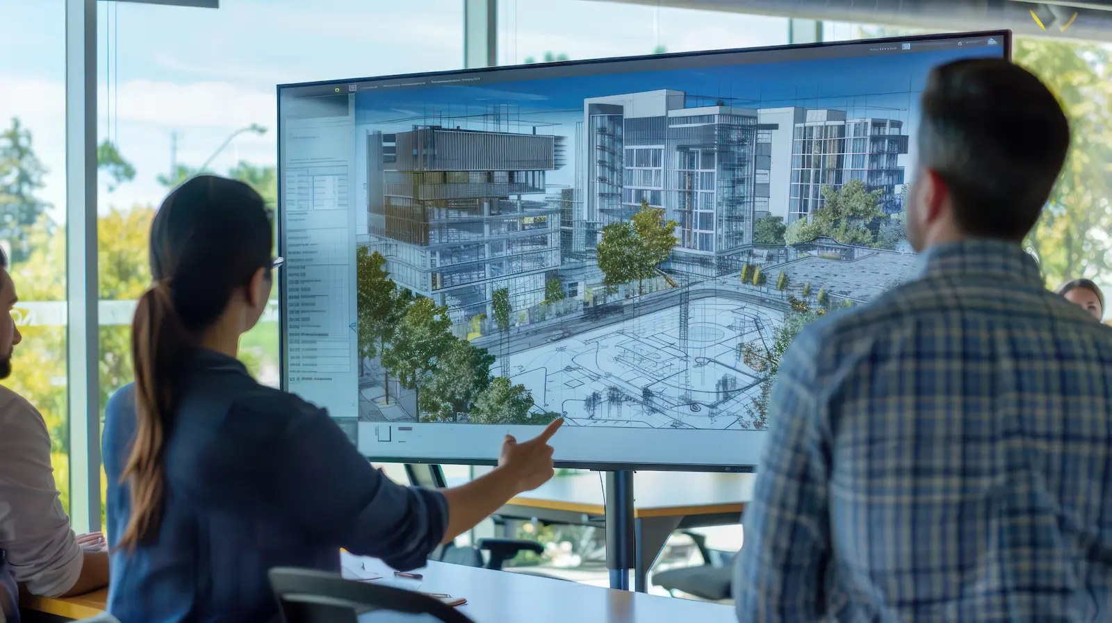 A design review meeting with a rendered building view on the screen and printed sheets on the table