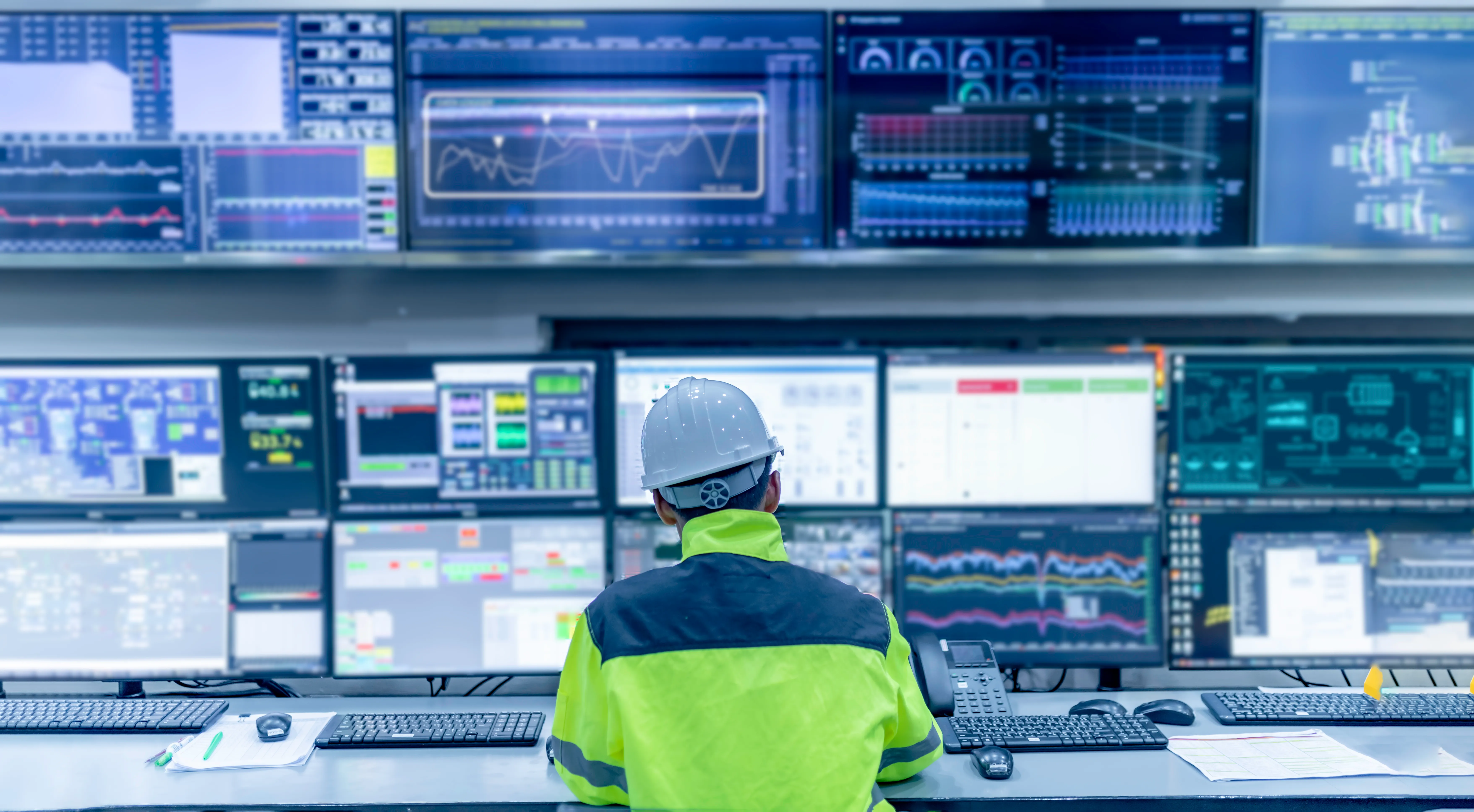 A control room operator monitoring facility dashboards on a wall of screens