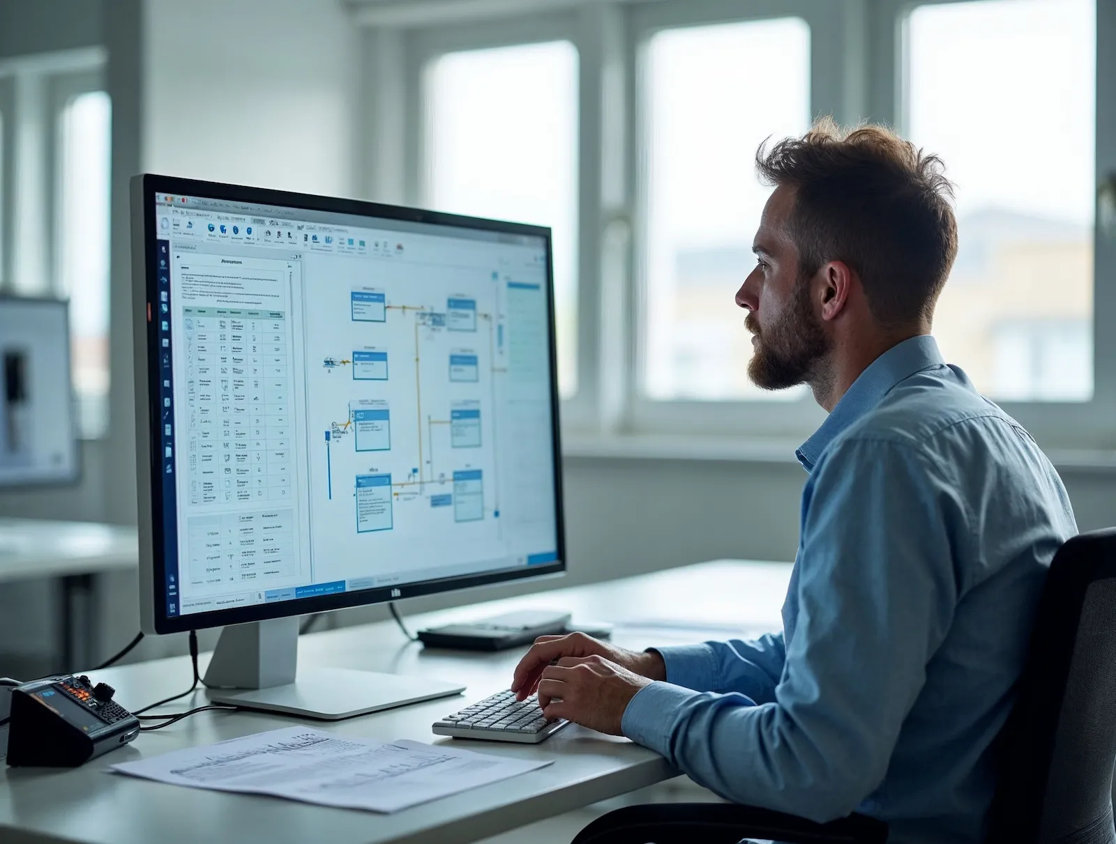 An engineer reviewing a process flowsheet simulation with stream data tables on a wide monitor