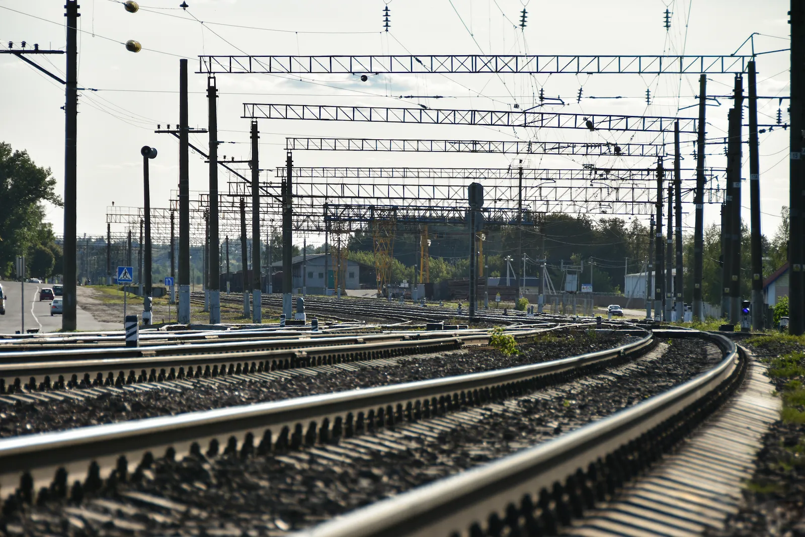 Railway track under construction with overhead line equipment above
