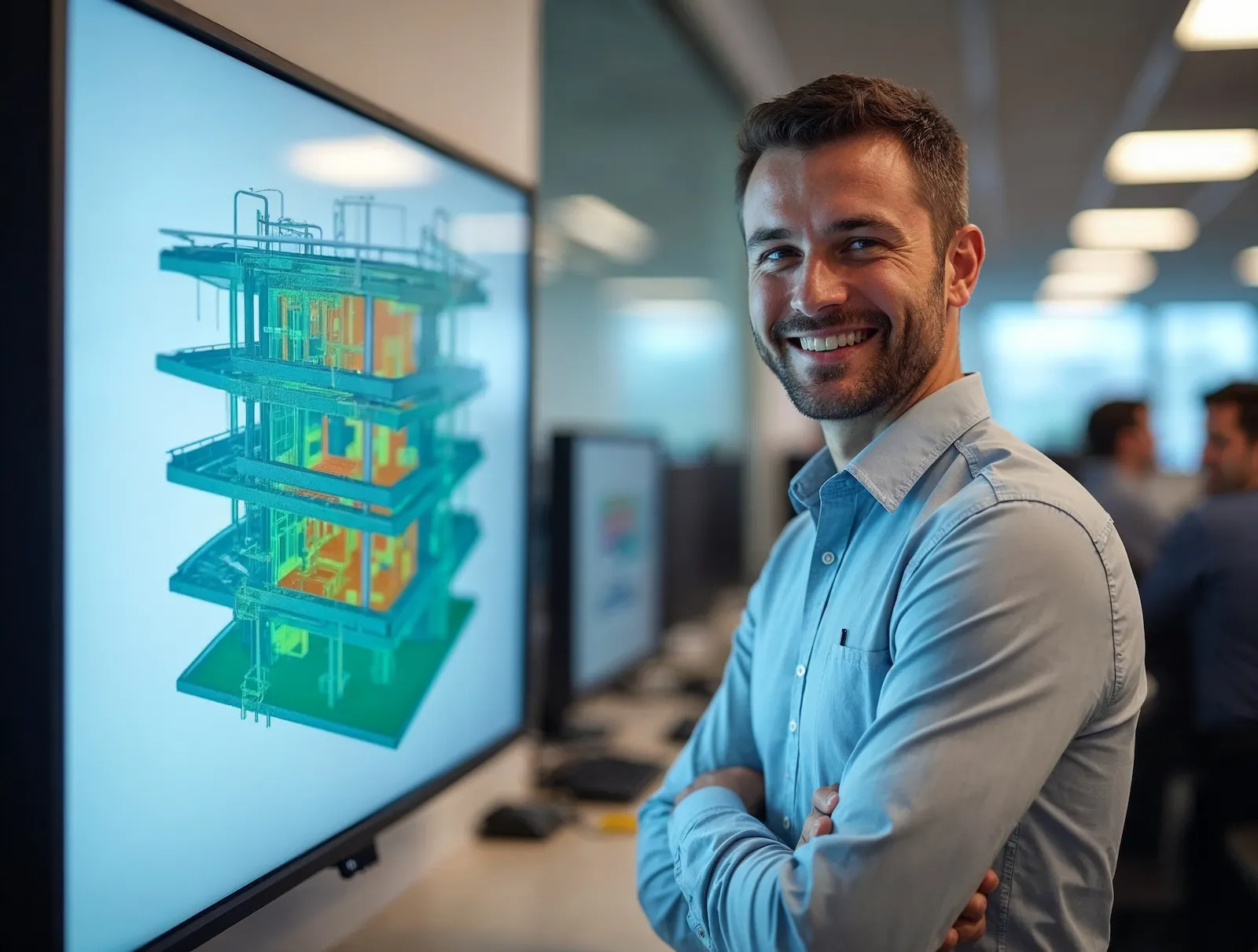 An engineer in front of a wall display showing a complete building model with each discipline in a distinct colour