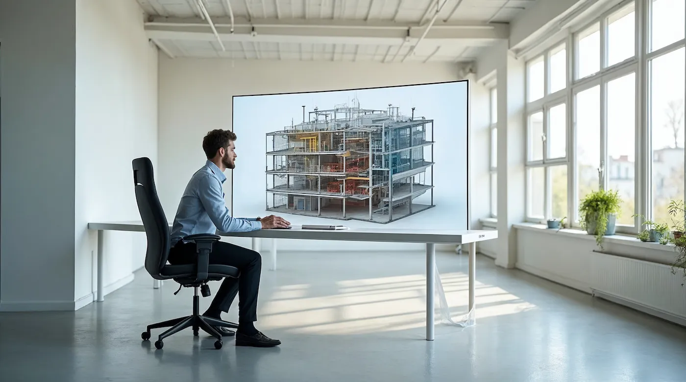 A coordinated multi-discipline building model on a widescreen monitor with a modeller working at the desk