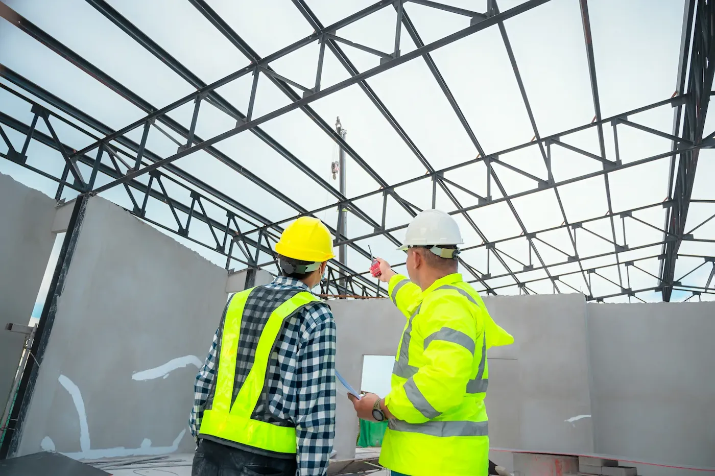 Steel frame construction on site with reinforcement and formwork in place