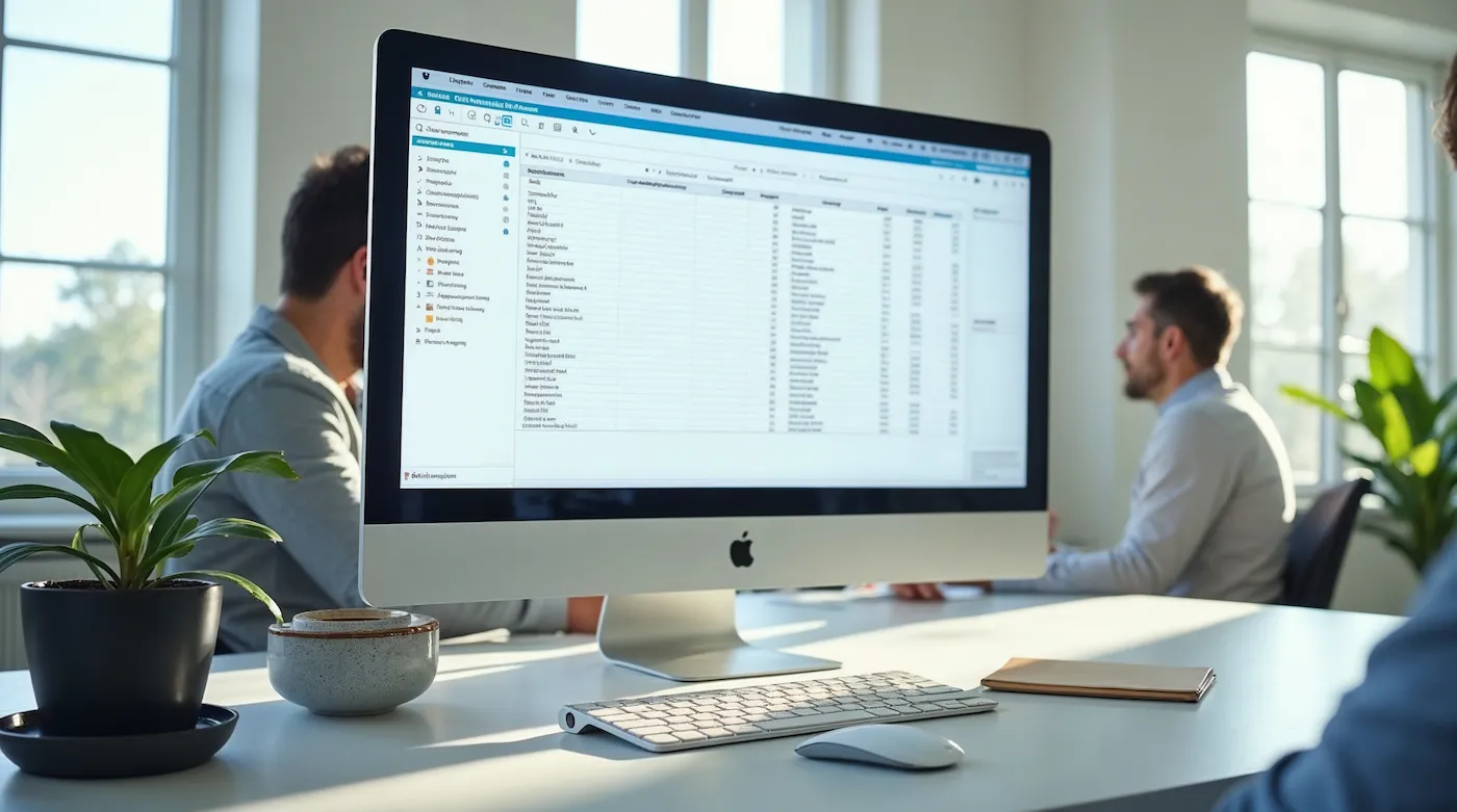 A monitor showing a document folder structure and a permissions table