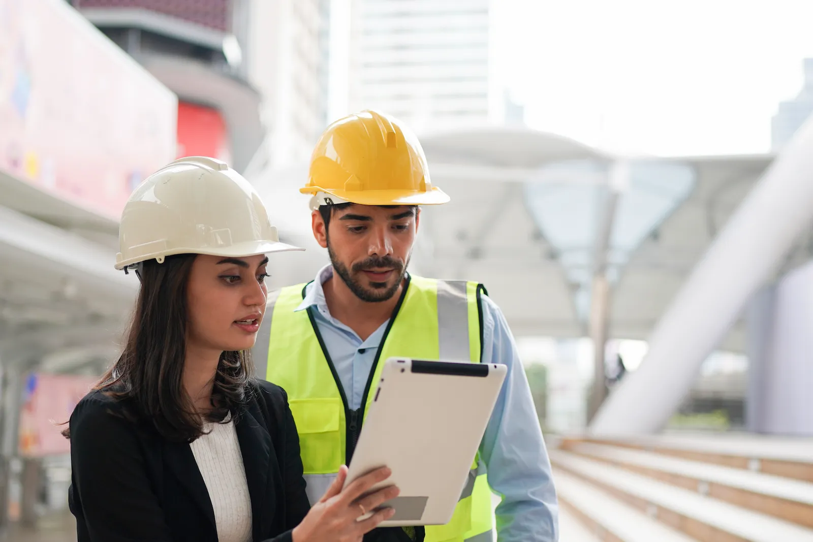 An engineer and a client walking a project site with a tablet, a partially built steel structure behind them